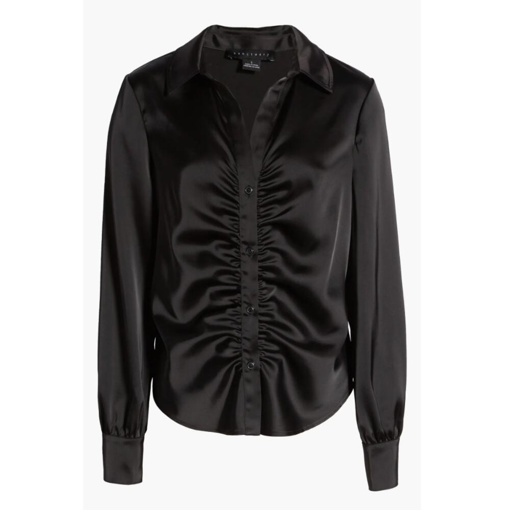 Sanctuary "Time to Shine" Ruched Satin Button-Up Shirt Blouse | Sz L, Black NEW